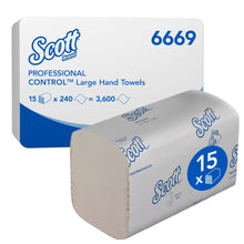 Uma caixa de toalhas Scott® Control™ (branca, grande) da Kimberly-Clark GmbH, produto nº 6669, contém 15 pacotes com 240 toalhas dobradas altamente absorventes cada - totalizando 3.600 folhas - com uma pilha desembrulhada ao lado.