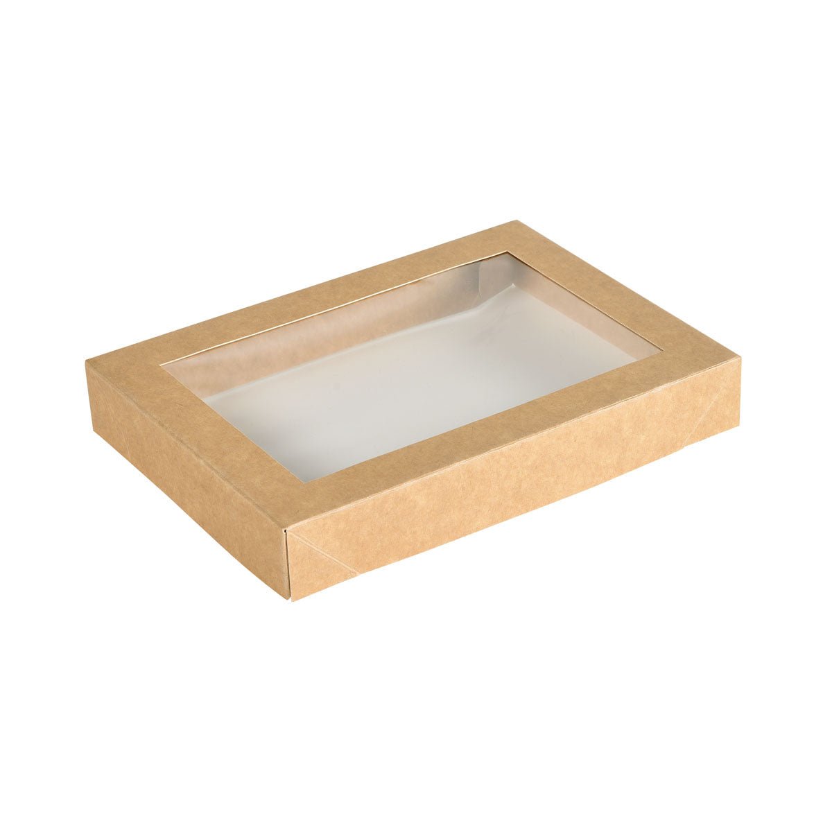 A tampa Viking Brick com janela de PLA Cartão castanho/PLA 200x140x30 da Duni GmbH é uma caixa retangular de papel kraft com uma janela de PLA transparente, vazia e ideal como embalagem sustentável. Embalagem: 300 unidades. Representado em fundo branco.