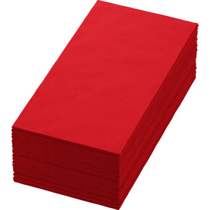 Uma pilha de guardanapos vermelhos Bio-Dunisoft 40 x 40 cm 1/8 Buchfalz da Duni GmbH está cuidadosamente alinhada sobre um fundo branco.