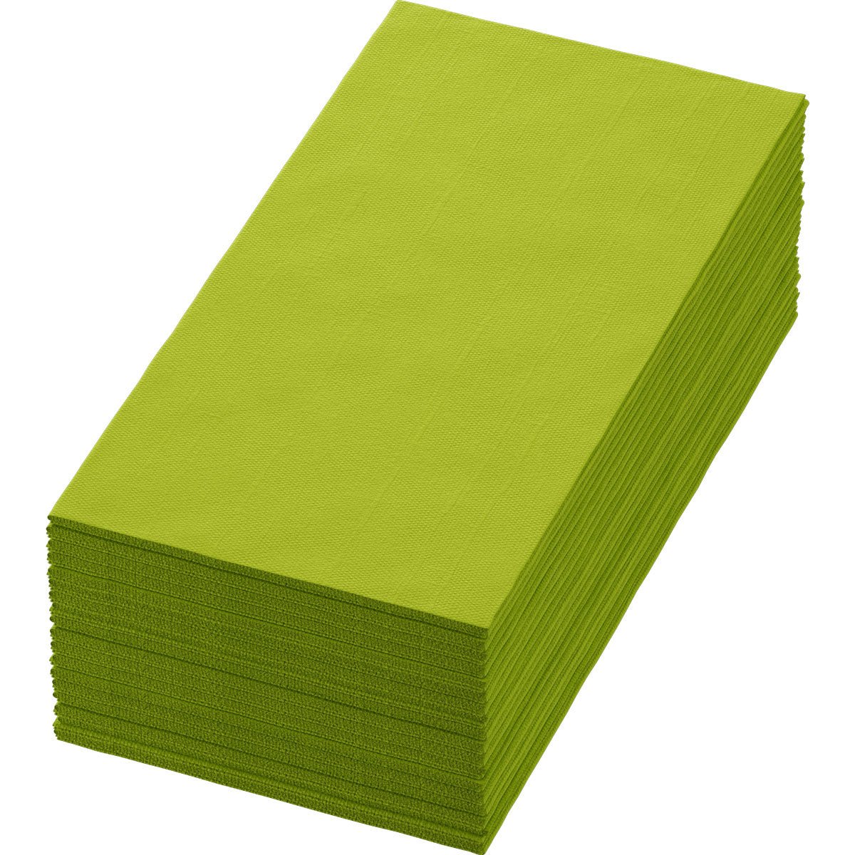Uma pilha de guardanapos retangulares, verde-lima Bio-Dunisoft 40 x 40 cm 1/8 Buchfalz da Duni GmbH está cuidadosamente alinhada, mostrando tanto as bordas superiores quanto laterais de uma vista inclinada.