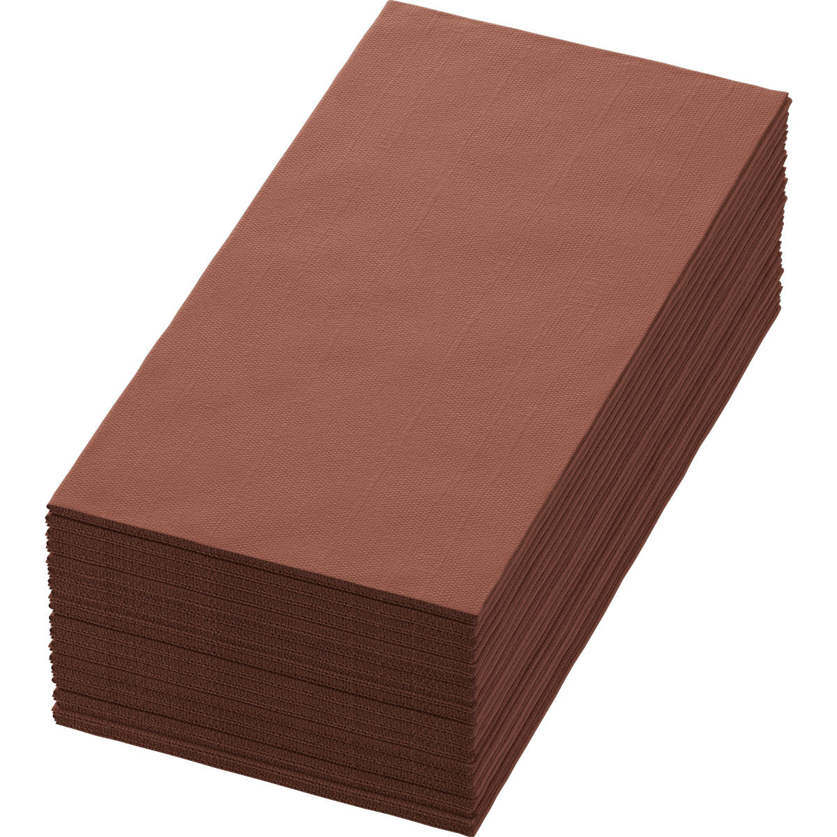 Uma pilha de guardanapos Bio-Dunisoft 40 x 40 cm 1/8 Buchfalz da Duni GmbH em marrom está ordenadamente arranjada e vista de uma perspectiva inclinada sobre um fundo branco.
