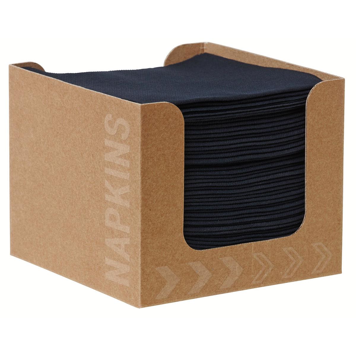Uma caixa de guardanapos Bio-Dunisoft 20 x 20 cm preta da Duni GmbH contém guardanapos pretos bem empilhados, que são visíveis através do recorte frontal com a inscrição "GUARDANAPOS".