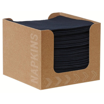 Uma caixa de guardanapos Bio-Dunisoft 20 x 20 cm preta da Duni GmbH contém guardanapos pretos bem empilhados, que são visíveis através do recorte frontal com a inscrição "GUARDANAPOS".