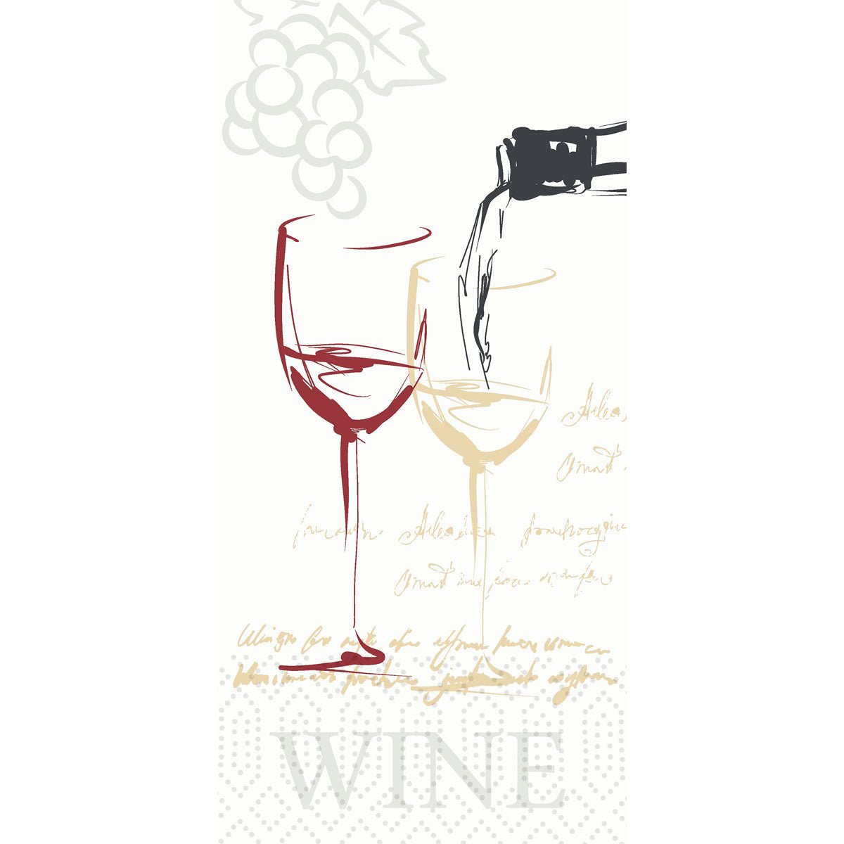 Um esboço de dois copos de vinho, um deles cheio, uvas e motivos de escrita, assim como "WINE" na borda inferior, adorna o artigo descontinuado da Duni GmbH, guardanapos de celulose 33x33cm de 2 camadas (300 guardanapos/pacote).