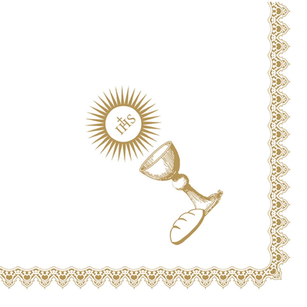 Um cálice dourado de comunhão, hóstia com IHS e pão são ilustrados ao lado de uma borda de renda sobre branco. Os guardanapos Dunisoft de 40 x 40 cm 1/4 de dobra da Duni GmbH são perfeitos para ocasiões especiais.