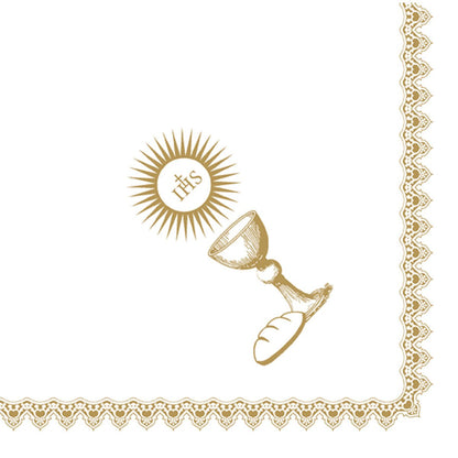 Um cálice dourado de comunhão, hóstia com IHS e pão são ilustrados ao lado de uma borda de renda sobre branco. Os guardanapos Dunisoft de 40 x 40 cm 1/4 de dobra da Duni GmbH são perfeitos para ocasiões especiais.