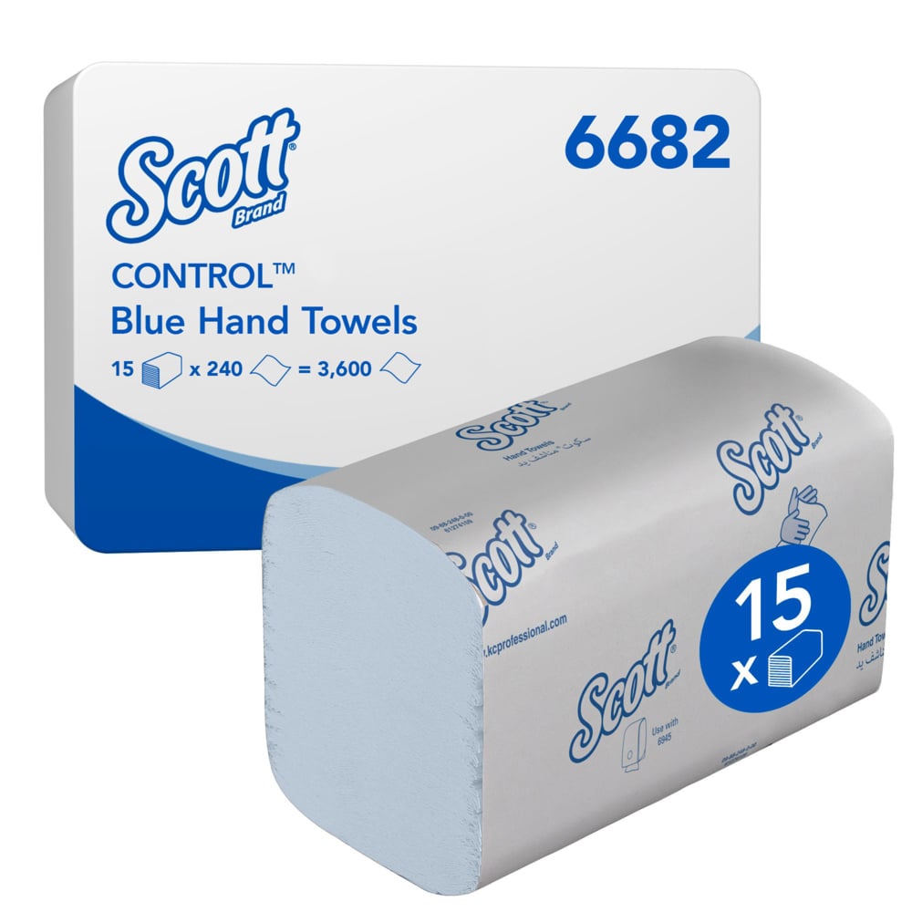Uma caixa de toalhas de mão azuis Scott® Control™ Interfold da Kimberly-Clark contém 15 pacotes com 240 folhas cada (Nº de art. 6682), totalizando 3.600 toalhas de papel higiênicas por caixa.