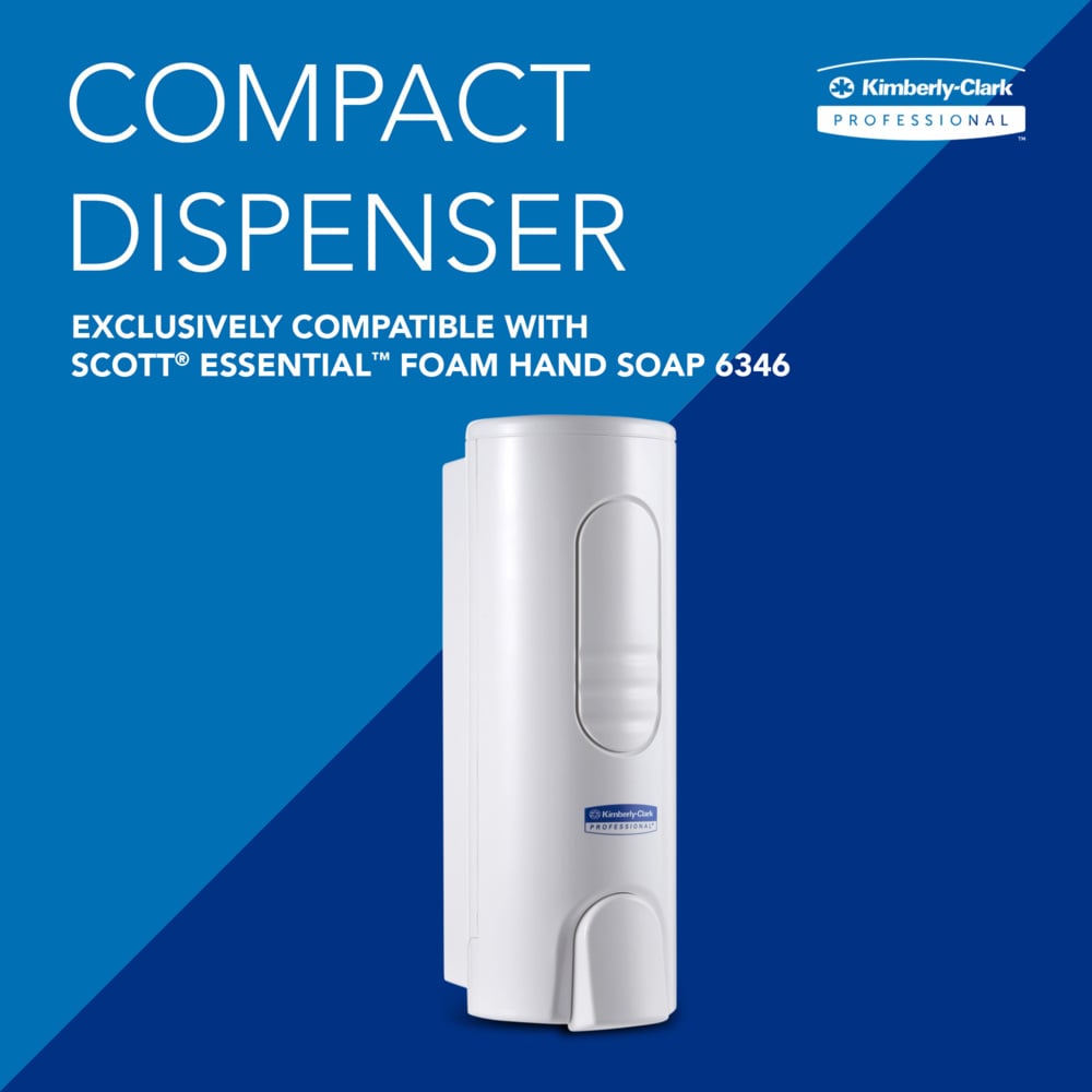 Um dispensador branco Kimberly-Clark GmbH para sabonete espumoso luxuoso (200ml) é representado sobre um fundo azul, ideal para casas de banho. Exclusivo para Sabonete Espumoso para Mãos Scott Essential 6346. 1 dispensador por caixa, da Kimberly-Clark Professional™.