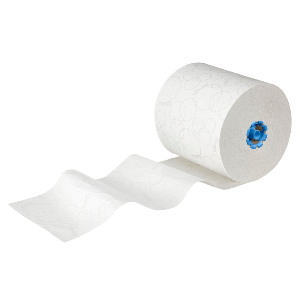 Uma grande toalha de mão em rolo Kleenex® Ultra™ branca (2 camadas, E-Rolo Grande, 6x200m) da Kimberly-Clark GmbH com núcleo azul, parcialmente desenrolada sobre fundo branco - a solução ideal de toalha higiênica para uso diário. Caixa: 6 rolos.