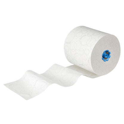 Uma grande toalha de mão em rolo Kleenex® Ultra™ branca (2 camadas, E-Rolo Grande, 6x200m) da Kimberly-Clark GmbH com núcleo azul, parcialmente desenrolada sobre fundo branco - a solução ideal de toalha higiênica para uso diário. Caixa: 6 rolos.