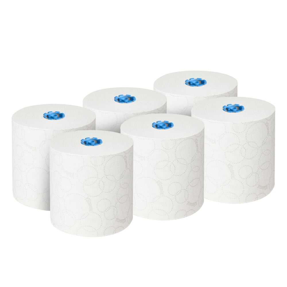 Seis grandes toalhas de mão em rolo Kleenex® Ultra™ brancas (2 camadas, 6x200m) da Kimberly-Clark GmbH, cada uma com núcleo de plástico azul e padrões circulares discretos, dispostas em duas filas de três em fundo branco sólido.