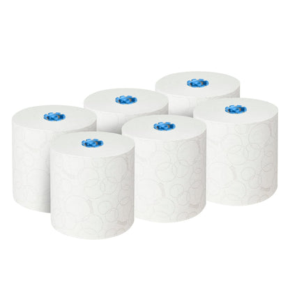 Seis grandes toalhas de mão em rolo Kleenex® Ultra™ brancas (2 camadas, 6x200m) da Kimberly-Clark GmbH, cada uma com núcleo de plástico azul e padrões circulares discretos, dispostas em duas filas de três em fundo branco sólido.