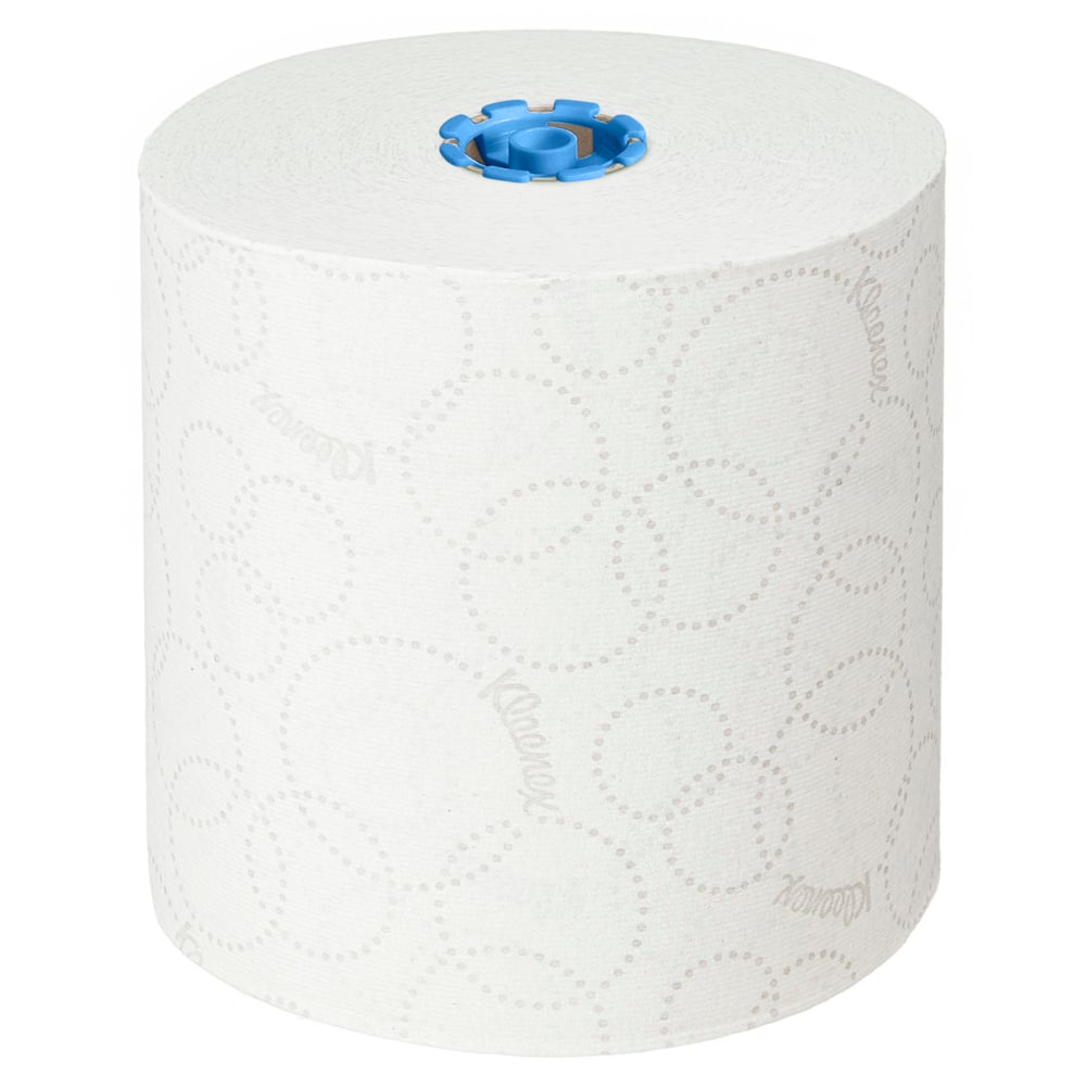 Uma única toalha de mão em rolo Kleenex® Ultra™ E-roll Grande, 2 camadas, branca com círculos discretamente pontilhados e núcleo azul da Kimberly-Clark GmbH está em pé sobre um fundo sólido, oferecendo uma solução de toalha higiênica para uso diário.