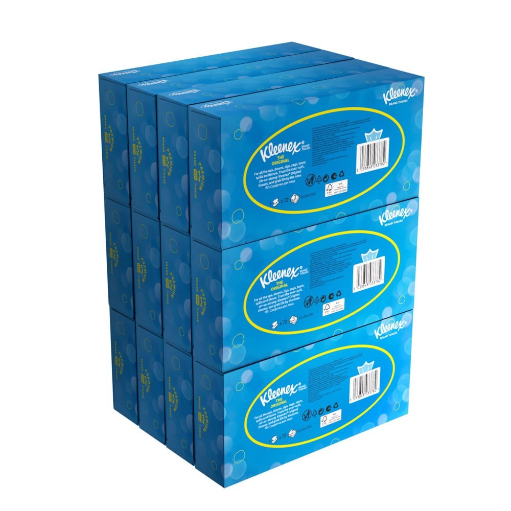 Seis caixas empilhadas de lenços de cosméticos Kleenex® - Standard / Branco da Kimberly-Clark GmbH, em embalagem azul com marca visível, informações do produto e códigos de barras. Ideal para limpeza facial ou remoção de maquiagem; dispostas em duas filas de três.