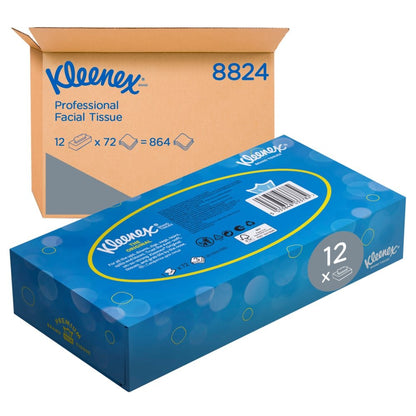 Uma caixa branca de lenços de cosméticos Kleenex® - Standard da Kimberly-Clark GmbH é apresentada com uma etiqueta "12 x" na frente de uma caixa marrom com a inscrição "Kleenex Professional Facial Tissue 8824, 12 x 72 = 864".