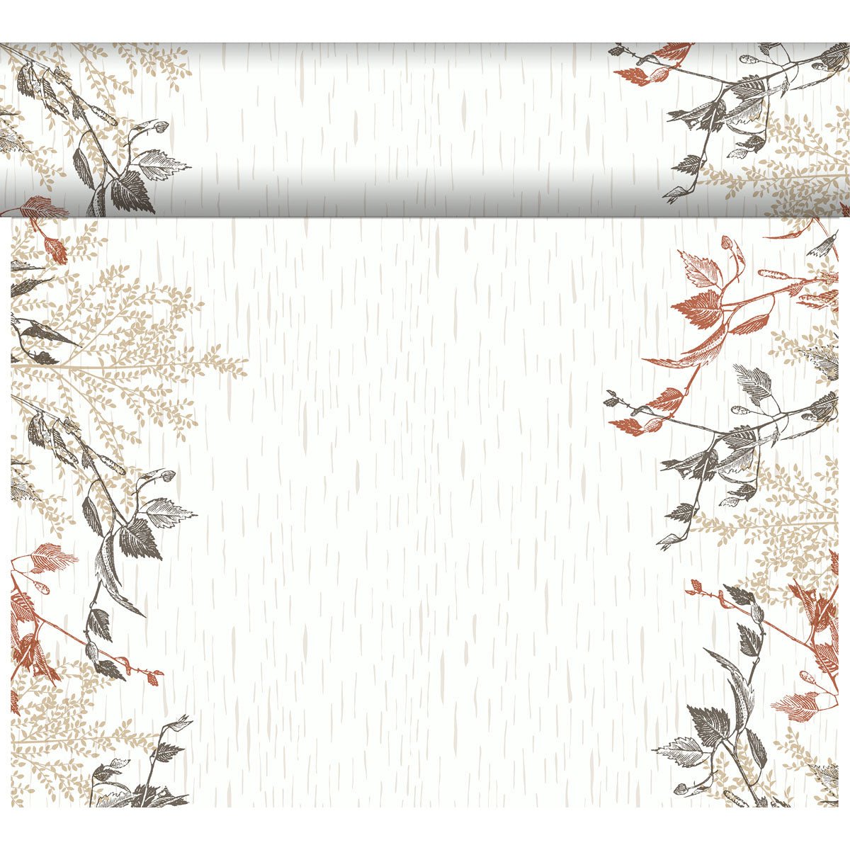 O Bio-DC Tete a Tete (0,4x24m) da Duni GmbH tem um fundo bege, linhas verticais finas e arte botânica em marrom, bege e preto na parte superior e nas laterais - ideal para decoração em madeira natural. Inclui uma borda horizontal correspondente na parte superior.