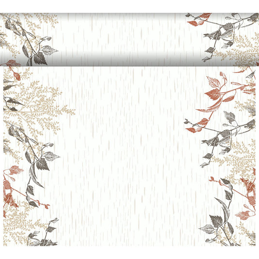 O Bio-DC Tete a Tete (0,4x24m) da Duni GmbH tem um fundo bege, linhas verticais finas e arte botânica em marrom, bege e preto na parte superior e nas laterais - ideal para decoração em madeira natural. Inclui uma borda horizontal correspondente na parte superior.