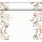 O Bio-DC Tete a Tete (0,4x24m) da Duni GmbH tem um fundo bege, linhas verticais finas e arte botânica em marrom, bege e preto na parte superior e nas laterais - ideal para decoração em madeira natural. Inclui uma borda horizontal correspondente na parte superior.