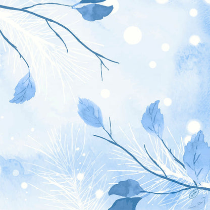 Folhas e ramos em aquarela azul e branca sobre um fundo suave e texturizado criam um visual invernal - ideal para os guardanapos Dunisoft 40x40cm da Duni GmbH.