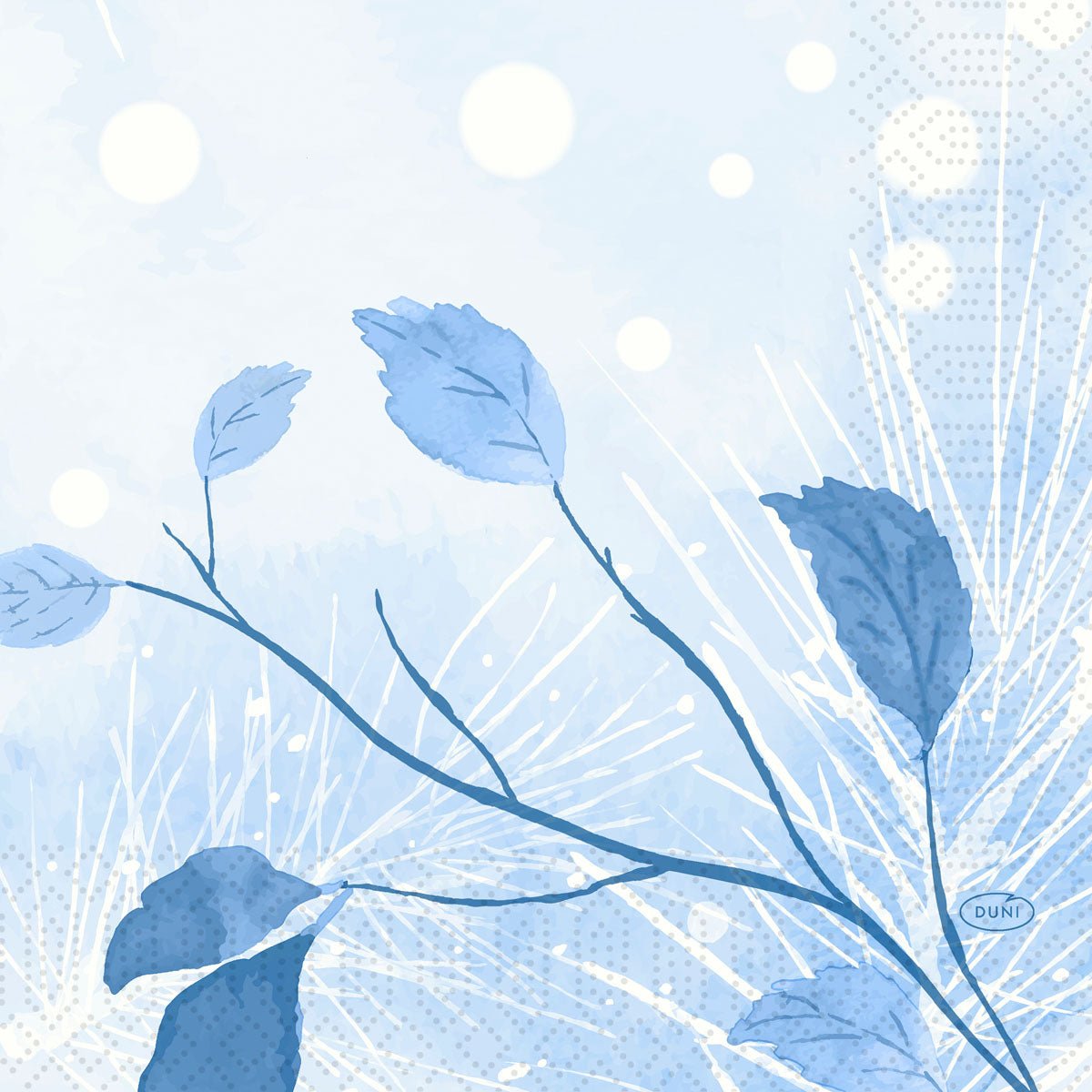Uma ilustração digital com folhas e ramos azuis, pontos de luz abstratos e padrões geométricos cria um design de inverno aquarelado e calmante - ideal para guardanapos Duni GmbH 33x33 3 camadas 1/4 Frosted Winter | Embalagem (50 unidades).