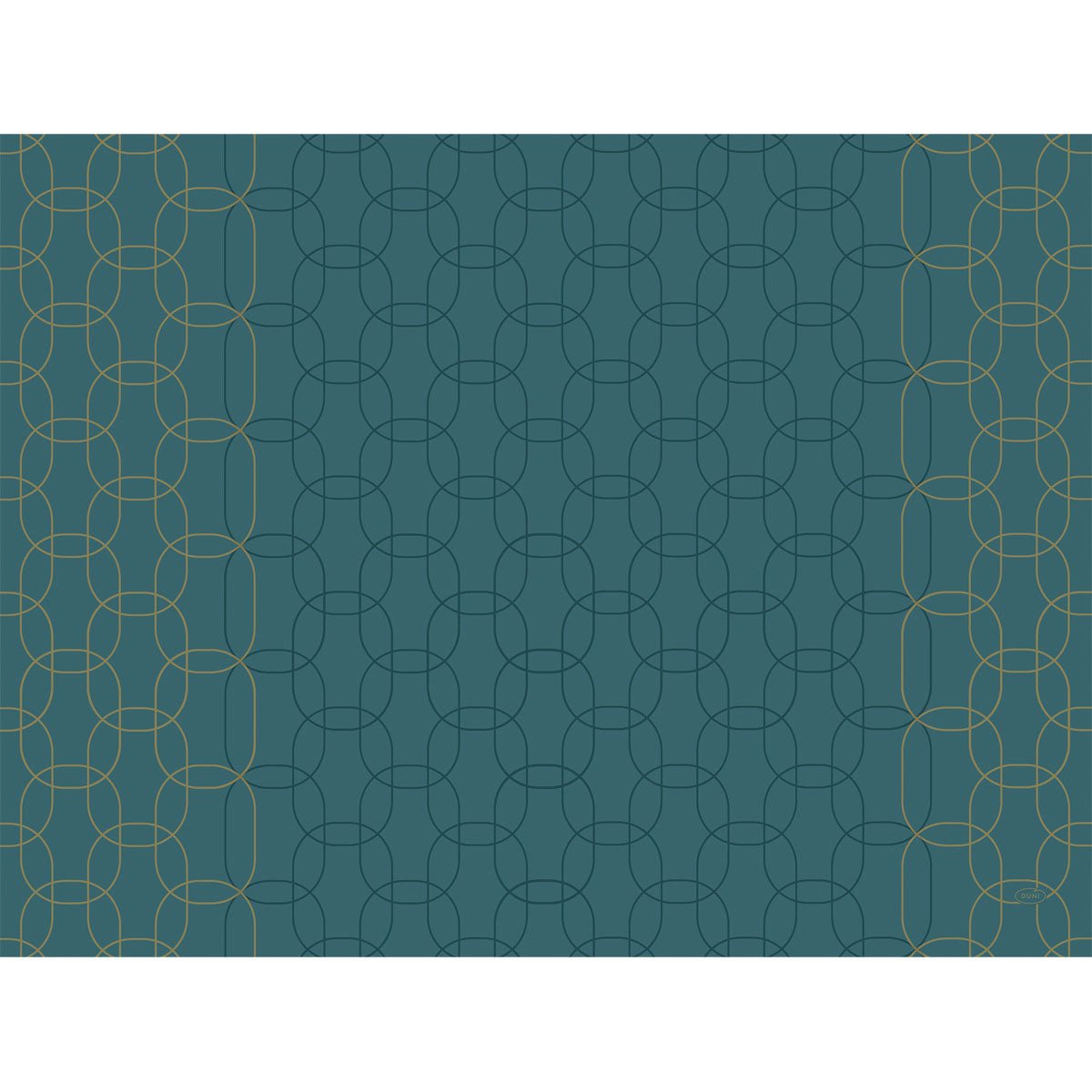 Um fundo cor de teal com linhas curvas douradas e azul-escuras sobrepostas cria um visual abstrato elegante. Acabamentos decorativos dourados adornam os lados - perfeito para os individuais de papel Duni GmbH 30x40 cm com decoração dourada (250 peças).