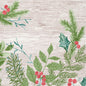 Aquarellartiges Wintergrün mit Kiefer, Stechpalme, Tannenzweigen und roten Beeren auf einem hellen Holzhintergrund. Ideal für Duni GmbH Servietten 40x40 3lagig 1/4 Winter Greenery (Packung 250 Stück) Designs.