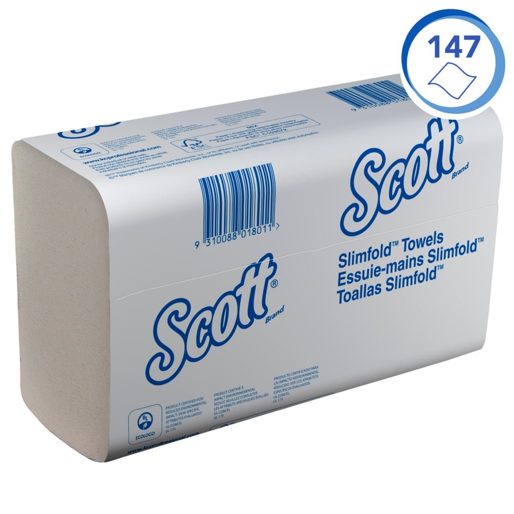 Toalhas Scott® SLIMFOLD da Kimberly-Clark GmbH, brancas, 16 clips x 110 folhas por caixa, dobradas higienicamente e ideais para secagem de mãos - embaladas de forma prática para fácil uso.