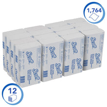 Dezesseis pacotes de toalhas Scott® SLIMFOLD da Kimberly-Clark GmbH, cada um com 110 folhas, estão organizados de forma clara. A embalagem branca destaca 1.760 folhas e 16 pacotes - ideal para secagem de mãos higiênica em áreas de grande movimento.