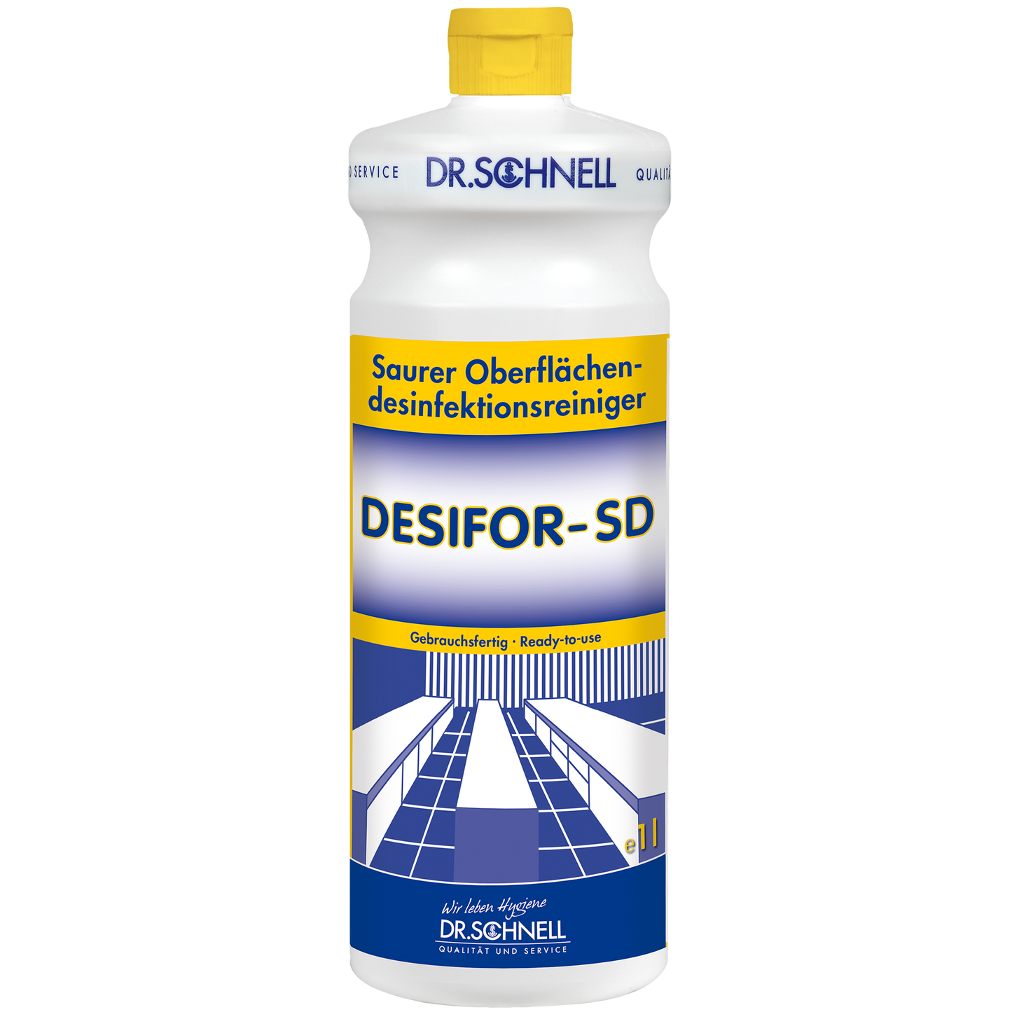 Eine Flasche der Dr. Schnell DESIFOR-SD Flächendesinfektion der DR.SCHNELL GmbH & Co. KGaA, ein Flächendesinfektionsmittel mit gelber Kappe und blau-gelbem Etikett mit Produktangaben und Tischen und Stühlen zur effektiven Flächenreinigung.