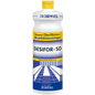 Eine Flasche der Dr. Schnell DESIFOR-SD Flächendesinfektion der DR.SCHNELL GmbH & Co. KGaA, ein Flächendesinfektionsmittel mit gelber Kappe und blau-gelbem Etikett mit Produktangaben und Tischen und Stühlen zur effektiven Flächenreinigung.