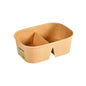 A caixa de cartão BRICK MEDIUM 2-Comp 250/250 ml da Duni GmbH é um recipiente de papel FSC/PLA castanho, retangular (171x118x57 mm) com duas divisórias, cantos arredondados, uma ranhura lateral e marcação verde; embalagem com 50 unidades.