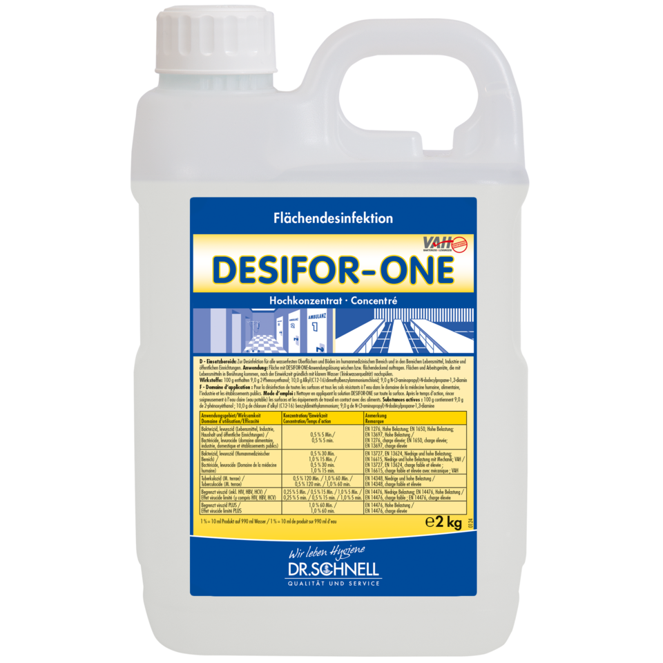 Um recipiente de plástico de 2 kg de Dr. Schnell Desifor-One desinfeção de superfícies, virucida limitado PLUS da DR.SCHNELL GmbH & Co. KGaA, com tampa e alça brancas. O rótulo na frente contém informações, instruções e diretrizes de dosagem em alemão.