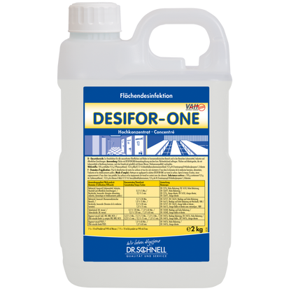 Um recipiente de plástico de 2 kg de Dr. Schnell Desifor-One desinfeção de superfícies, virucida limitado PLUS da DR.SCHNELL GmbH & Co. KGaA, com tampa e alça brancas. O rótulo na frente contém informações, instruções e diretrizes de dosagem em alemão.