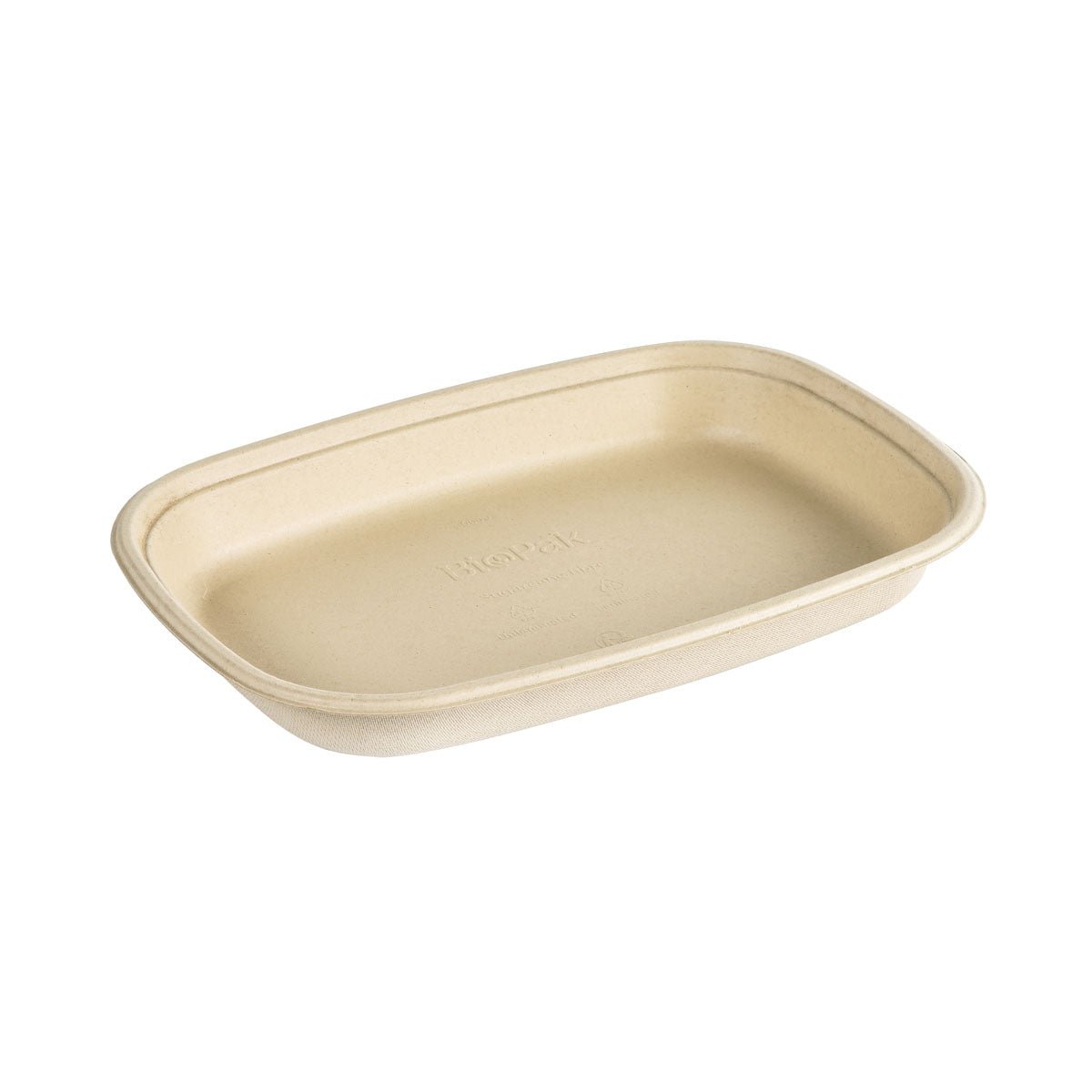 Uma tigela cúbica bege de 800 ml da Duni GmbH feita de Bagasse marrom, revestida com PBAT/PLA (249x172x30 mm), retangular com cantos arredondados e bordas elevadas, em fundo branco. Embalagem: 40 unidades.