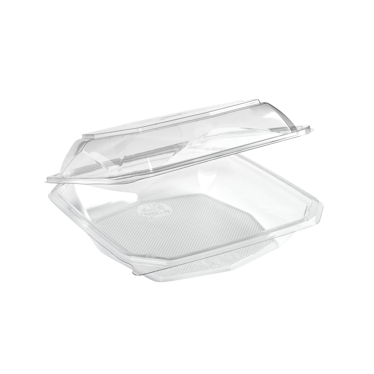 O recipiente de alimentos transparente de 400 ml rPET Octaview® da Duni GmbH (125x125x80 mm), mostrado aberto e vazio sobre um fundo branco, é uma opção de embalagem sustentável. A embalagem contém 400 unidades.