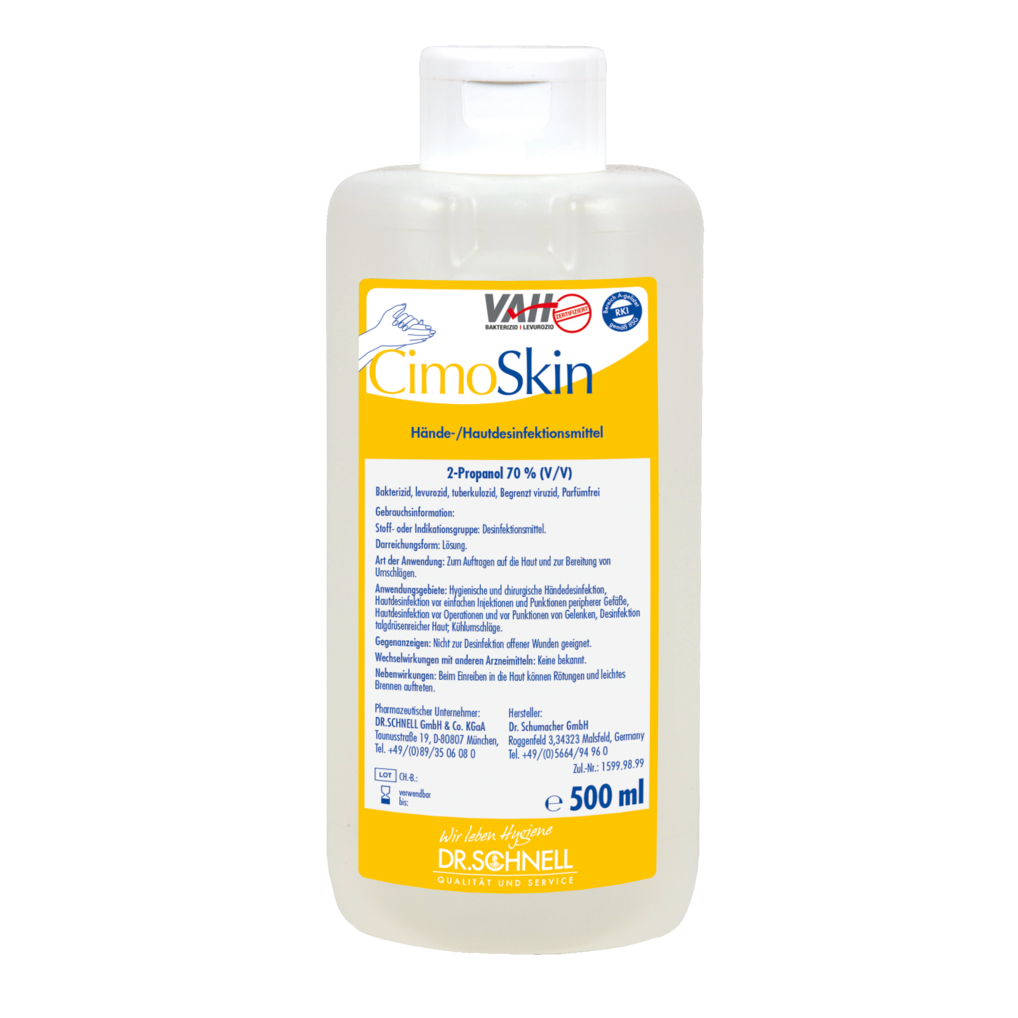Eine 500-ml-Kunststoffflasche der Dr. Schnell CIMOSKIN Händedesinfektion der DR.SCHNELL GmbH & Co. KGaA, mit weißem Verschluss und einem gelb-weiß-blauen deutschen Etikett, das die hautfreundlichen, hygienischen Desinfektionseigenschaften hervorhebt.