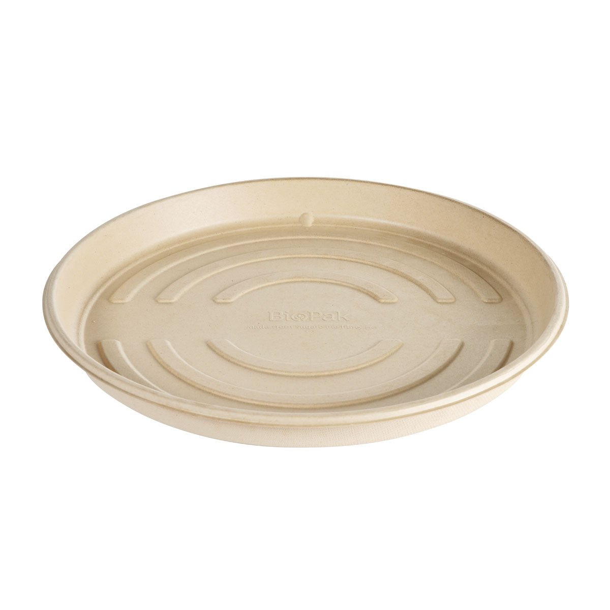 Uma caixa de pizza redonda e bege (bagasse marrom não revestida, 356x356x34mm) da Duni GmbH. Ecológica e compostável, ideal como embalagem de pizza ecológica para servir pizza. A embalagem contém 50 unidades.