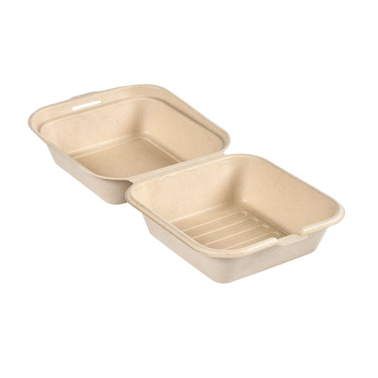 O Clamshell 475 ml - sem revestimento, cor castanha, bagasse, 155x155x80 da Duni GmbH (embalagem de 50 unidades) é um recipiente para takeaway biodegradável, de cor castanha, fabricado em fibra moldada — uma embalagem ecológica para as suas refeições.