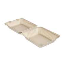 Ein geöffneter Clamshell 1000 ml - unbeschichteter Braun Bagasse 223x200x85 Mitnahmebehälter der Duni GmbH zeigt zwei leere, geriffelte Fächer. Packung (50 Stück).