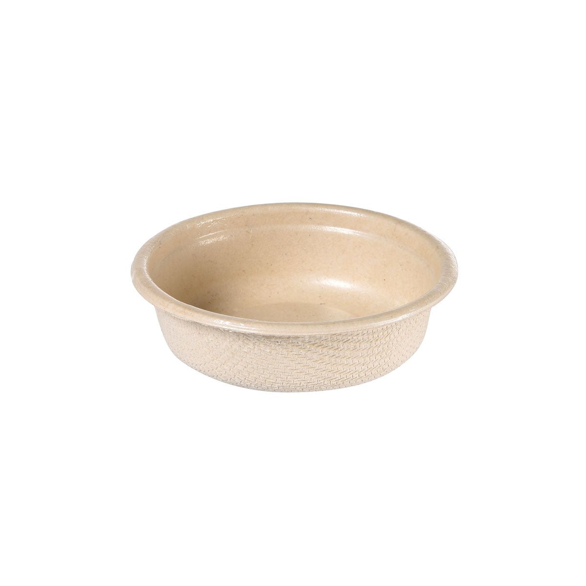 Copo de molho redondo, branco e plano de 30 ml da Duni GmbH feito de bagaço com revestimento de PBAT/PLA (65x65x18 mm, pacote com 150 unidades), com exterior texturizado e interior liso, em fundo branco.