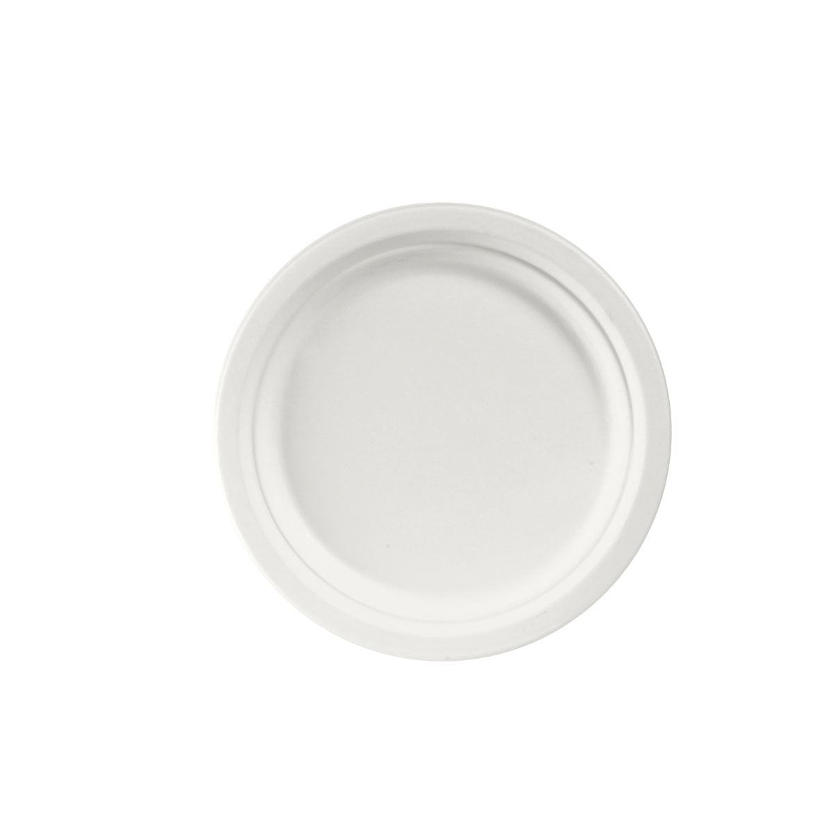 Um prato simples, redondo e branco ø 22 cm da Duni GmbH é mostrado de cima para baixo sobre um fundo branco. O prato Branco Bagasse não revestido (pacote de 50 unidades) tem um design liso e simples e é biodegradável.