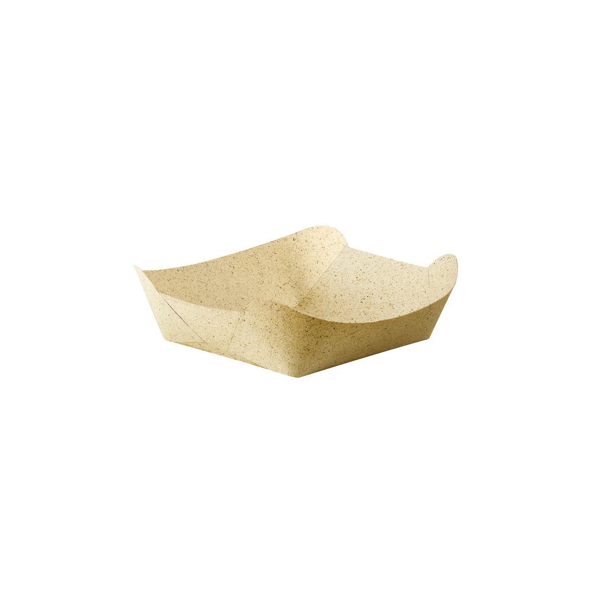 A Bloom Tray Small da Duni GmbH é uma bandeja retangular de papel de grama natural não revestida (175x145x50 mm) com bordas elevadas e arqueadas, vendida em embalagens de 500 unidades. Esta embalagem ecológica é apresentada sobre um fundo branco.