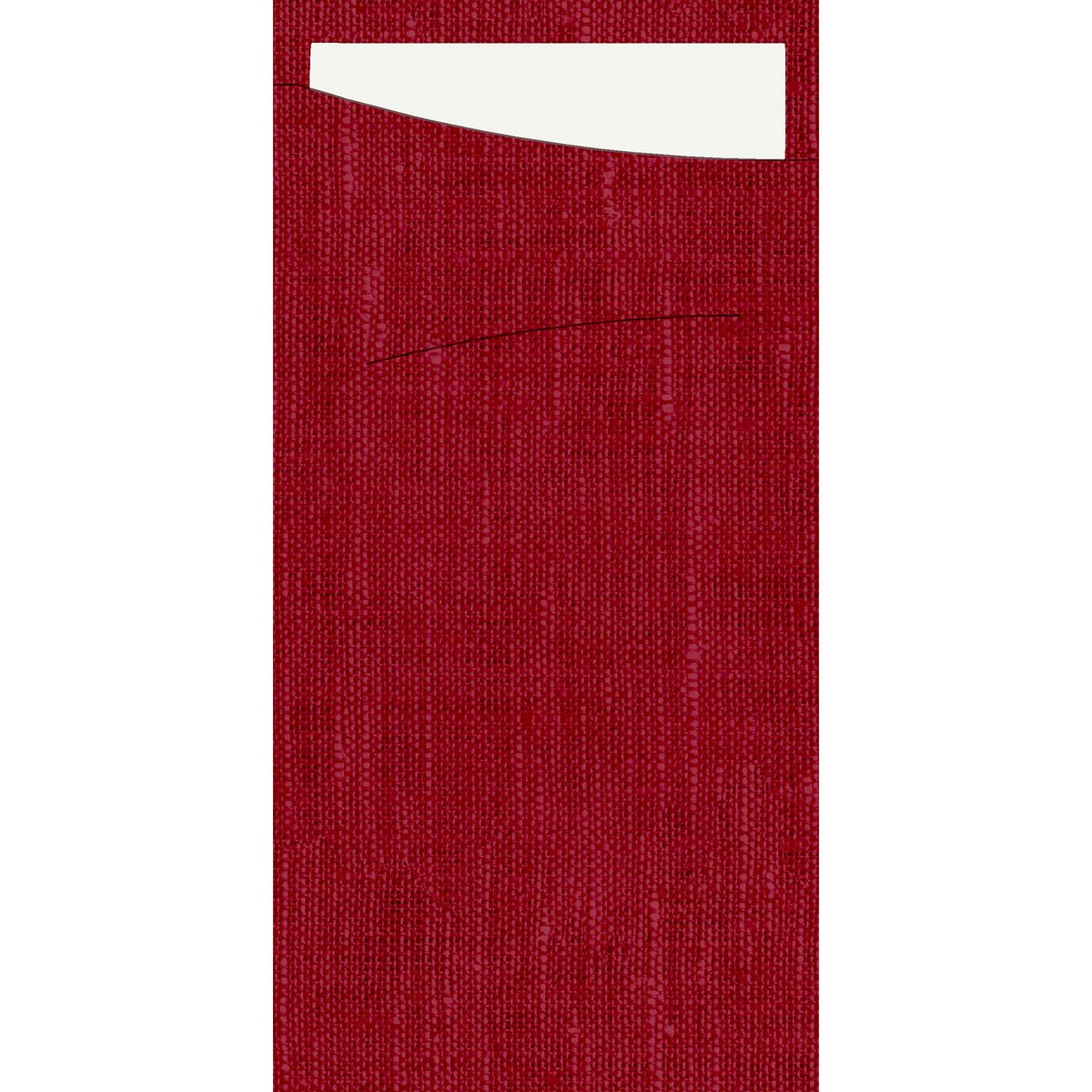 Um pedaço retangular de tecido vermelho e texturizado da Duni GmbH, semelhante ao SACCHETTO Bio D-Soft, com uma fenda horizontal contendo um cartão branco retangular parcialmente inserido em uma abertura superior inclinada.