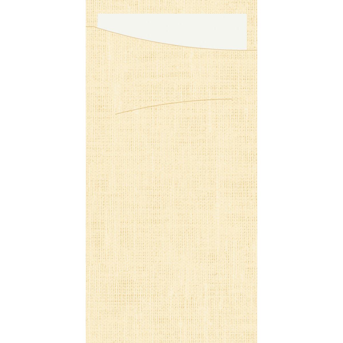 Close-up da bolsa de tecido bege e texturizado do SACCHETTO Bio D-Soft da Duni GmbH com um cartão branco retangular parcialmente inserido.