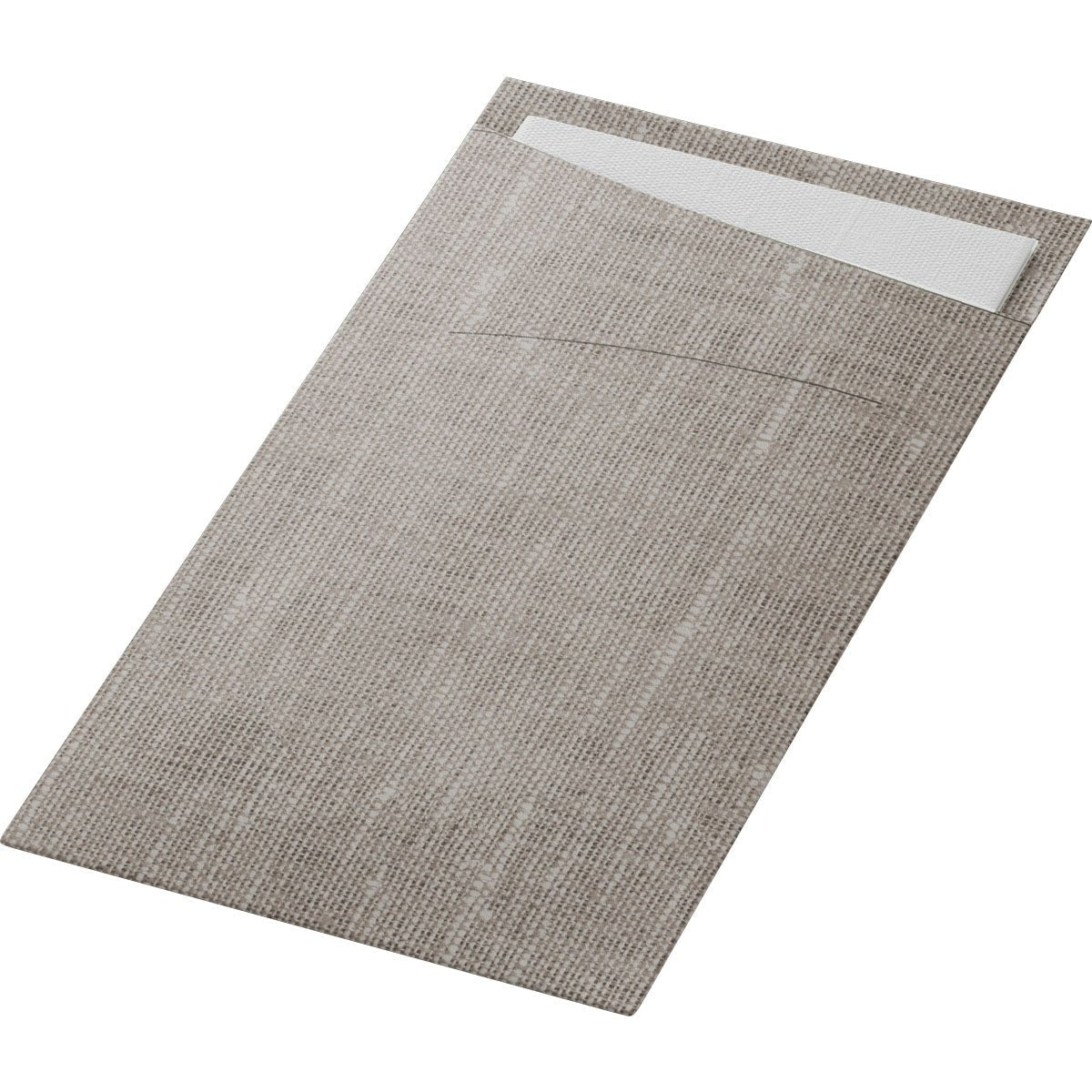 O SACCHETTO Bio D-Soft da Duni GmbH é um conjunto de mesa retangular, bege e texturizado, com um bolso para um guardanapo branco, oferecendo uma solução ecológica e estilosa para uma mesa posta com consciência.
