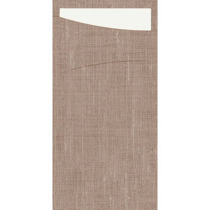 Uma superfície vertical, retangular, marrom e texturizada, semelhante ao SACCHETTO Bio D-Soft da Duni GmbH, com uma linha horizontal curva e uma seção branca retangular no canto superior esquerdo.