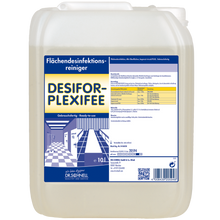 Um recipiente de plástico de 10 litros da DR.SCHNELL Desifor PlexiFee Desinfetante de Superfícies, virucida limitado PLUS, com um rótulo azul e branco com informações do produto, instruções de uso e avisos de segurança.