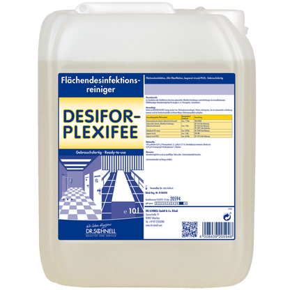 Um recipiente de plástico de 10 litros da DR.SCHNELL Desifor PlexiFee Desinfetante de Superfícies, virucida limitado PLUS, com um rótulo azul e branco com informações do produto, instruções de uso e avisos de segurança.