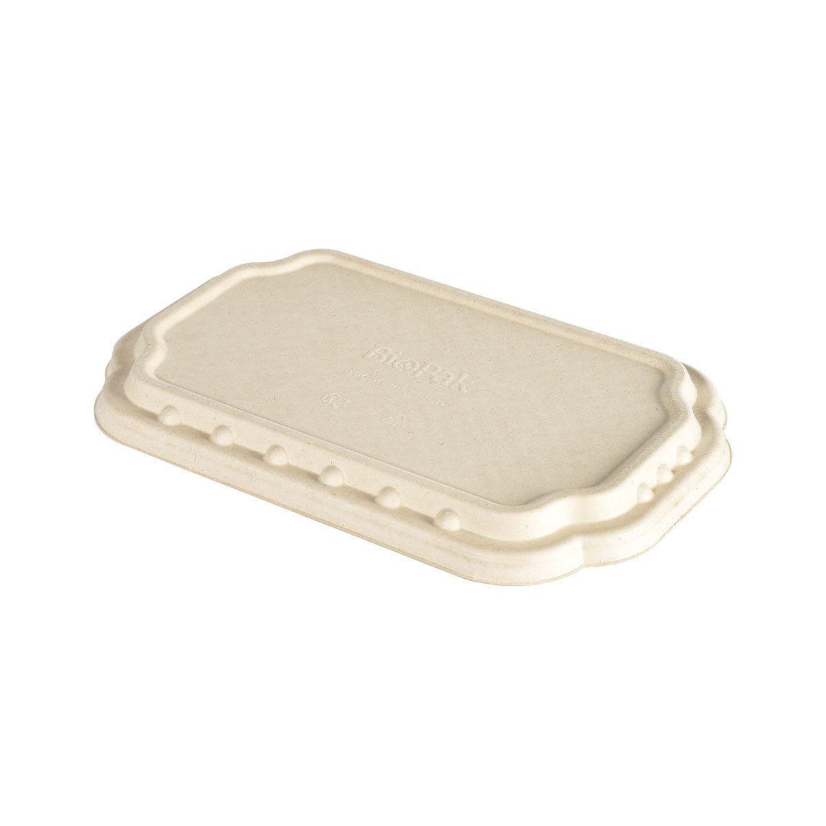 A tampa de fibra Duni GmbH Take-Away Natur Coated Bagasse 256x165x19 (pacote com 225 unidades) é uma tampa de fibra bege, retangular e vertical - uma alternativa sustentável para recipientes de take-away.