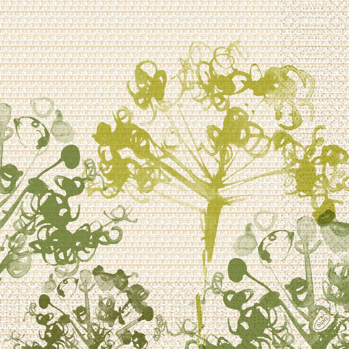 Silhuetas botânicas verdes em um fundo texturizado bege, semelhante a uma grade, criam um visual orgânico e aquarelado - ideal para tipos de células sustentáveis. Guardanapos 40x40 cm, 3 camadas, verde da Duni GmbH (pacote com 250 guardanapos).